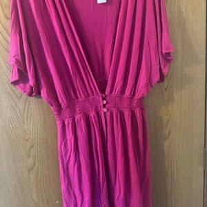 Pink V-Neck Dress with Button Detail